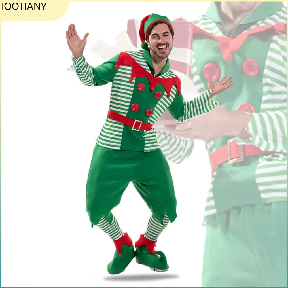 Christmas Outfits Men Striped Christmas Elf Cosplay Costume Xmas Performance Dress Up Festival Party Stage Fancy Dress New