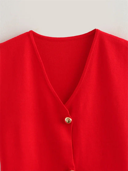 Zevity New Women Fashion V Neck Sleeveless Golden Buttons Knitted Vest Sweater Female Chic Solid Color Slim Cardigan Tops LS6273