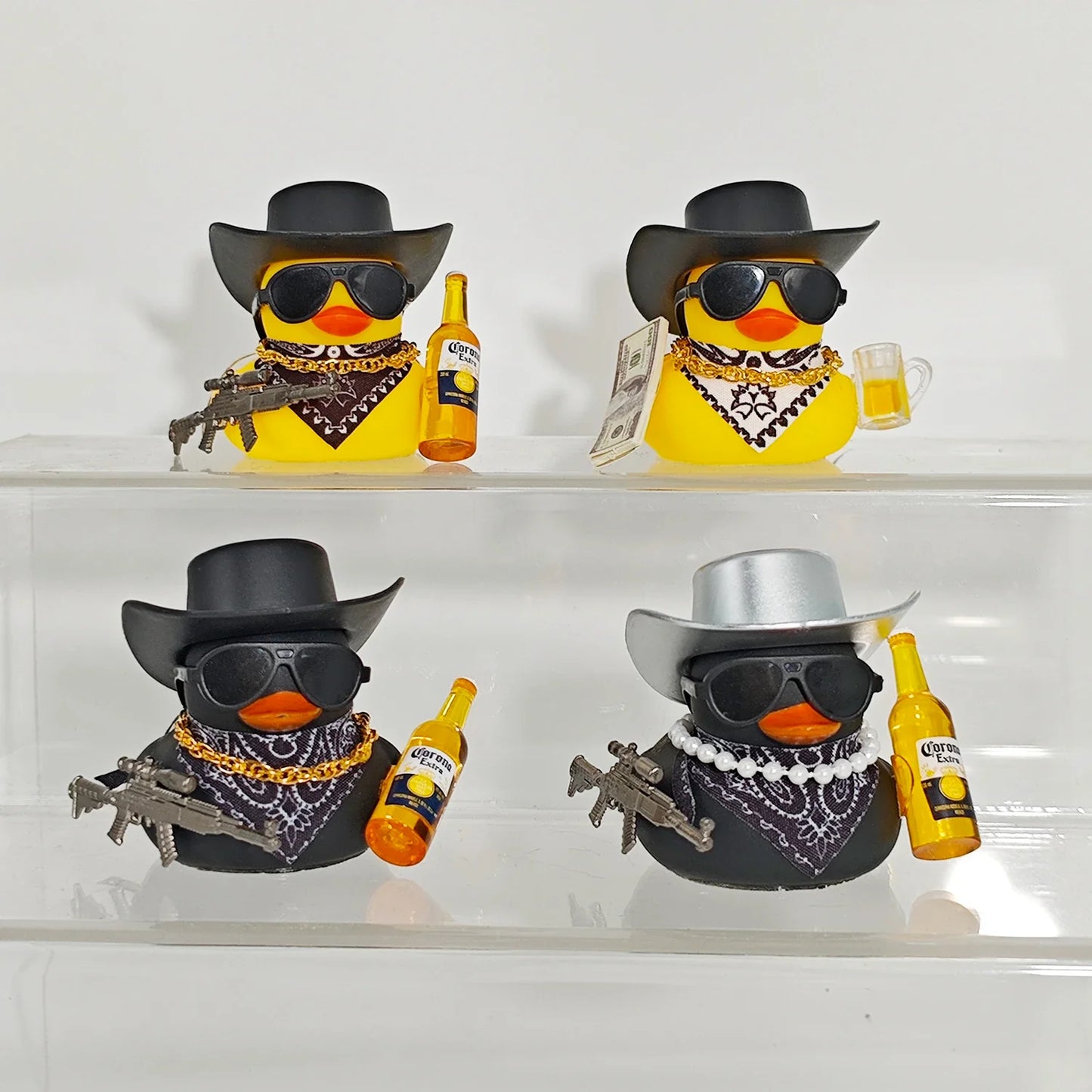Cute Fortunate Rich Duck Car Dashboard Decoration Yellow Black Duck with Cowboy Hat Scarf Bottle for Women Men Car Ornament
