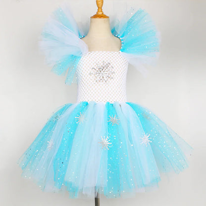 Elsa Costume for Girls Glitter Fancy Princess Dress Up Clothes Snowflake Tulle Tutu Dress Kids Halloween Birthday Dresses Outfit