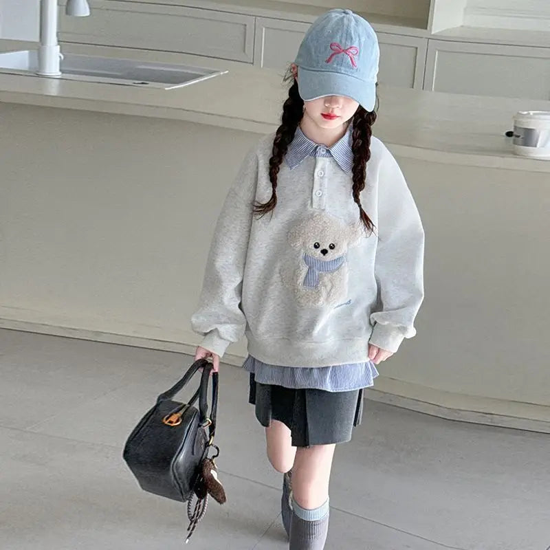 Sweat-shirt à capuche pour filles, Polo deux pièces en Faux, moyen-grand, coupe ample, haut de chiot de dessin animé, nouvelle collection printemps/automne 2025
