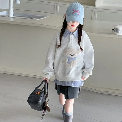Sweat-shirt à capuche pour filles, Polo deux pièces en Faux, moyen-grand, coupe ample, haut de chiot de dessin animé, nouvelle collection printemps/automne 2025