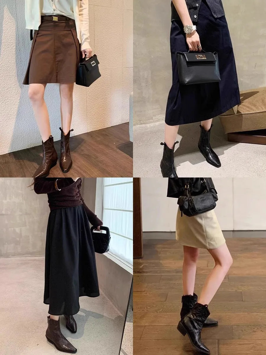 Designer Brand Cowhide Fashion Pointy V-cut Retro Cowboy Boots with Thick Western Ankle Boots for Women Hot Selling