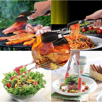9" Stainless Steel Food Tongs, Non-Stick Silicone Cooking Tongs, Outdoor Salad and Bread Utensils, Kitchen Accessories