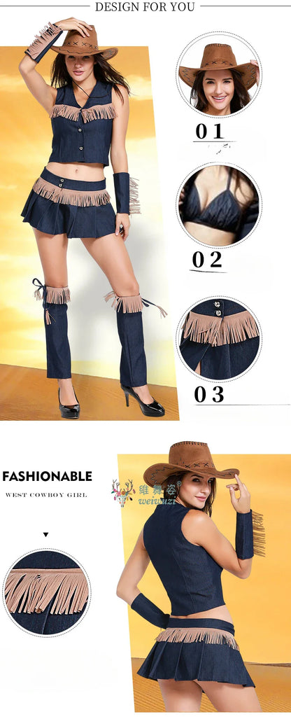 Carnaval Halloween Femme Sexy Costume de Cowgirl de l'Ouest Pionnière de la Prairie à Franges Tenue de Club Jeu de Rôle Cosplay Fête Déguisement