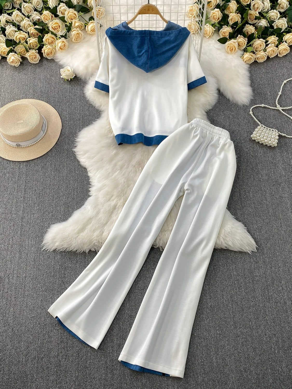 Cowboy patchwork hooded jacket fashionable sports suit women's summer 2025 new two-piece set popular age reducing pants