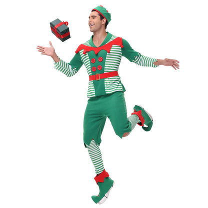 VIP FASHION Men Christmas Elf Costume with Hat Stockings Shoe Covers Belt Fancy Xmas Party Dress Up Outfit Male Festival Clothes