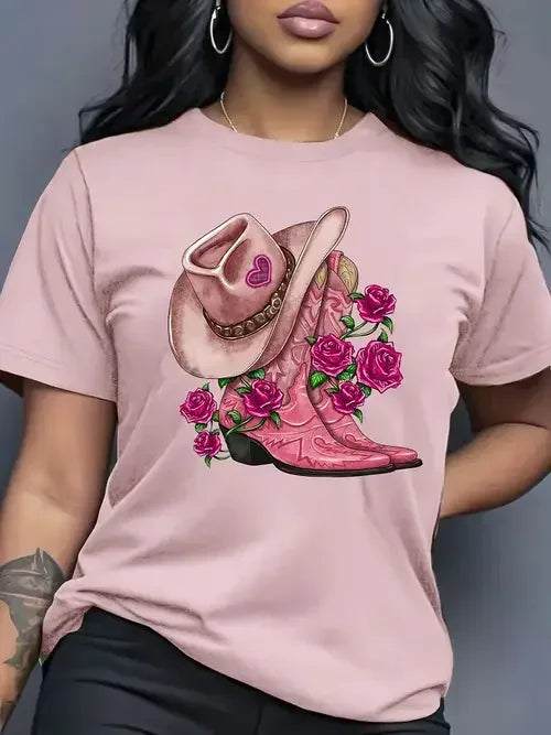 Western Cowboy Hat and Boot Pattern Women's T-shirt Fashionable Casual Short Sleeved Daily Street Round Neck Oversized Women Top