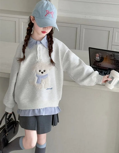 Sweat-shirt à capuche pour filles, Polo deux pièces en Faux, moyen-grand, coupe ample, haut de chiot de dessin animé, nouvelle collection printemps/automne 2025