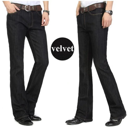 Men's Flared Jeans For Winter Thick Mid High Waist Slim Bell-bottoms Pants Elastic Fared Denim Trousers Size 26-40