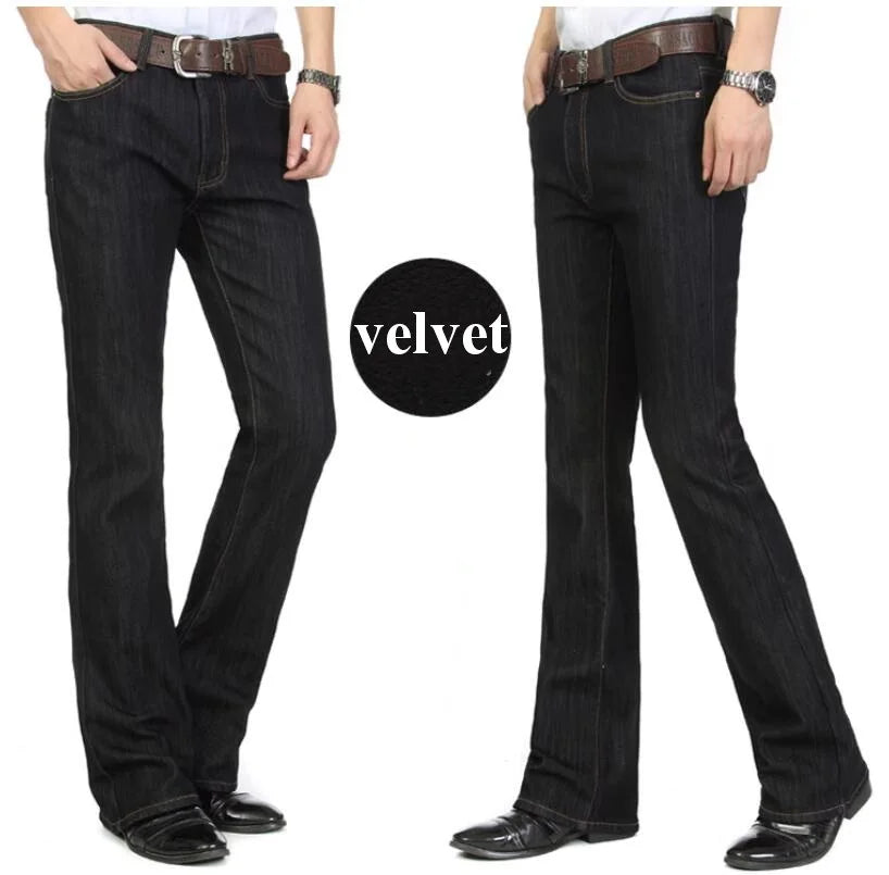 Men's Flared Jeans For Winter Thick Mid High Waist Slim Bell-bottoms Pants Elastic Fared Denim Trousers Size 26-40