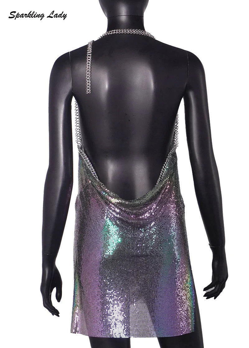 Sexy Hot Pink Glitter Sequin Party Dresses Bling Aluminum Chainmail Dress Backless Halter V Neck Side Slit Metal Party Outfit