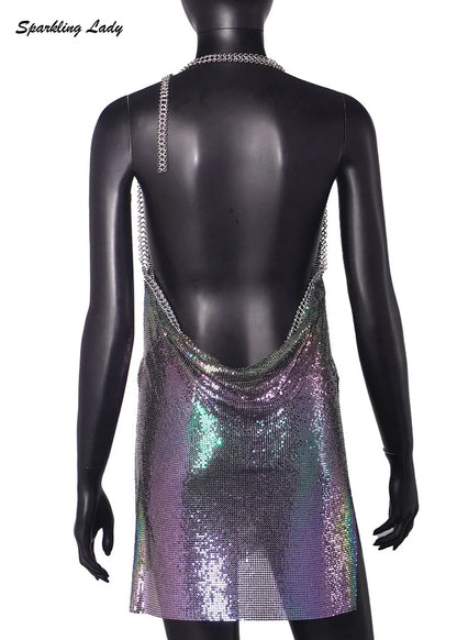 Sexy Hot Pink Glitter Sequin Party Dresses Bling Aluminum Chainmail Dress Backless Halter V Neck Side Slit Metal Party Outfit