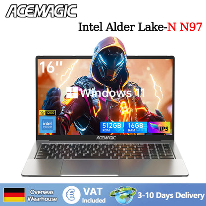 ACEMAGIC 16" Ultra Slim Laptop 16GB RAM 512GB SSD Intel N97 Notebook Gamer 1920*1080 Display Office Study Computer PC Windows 11