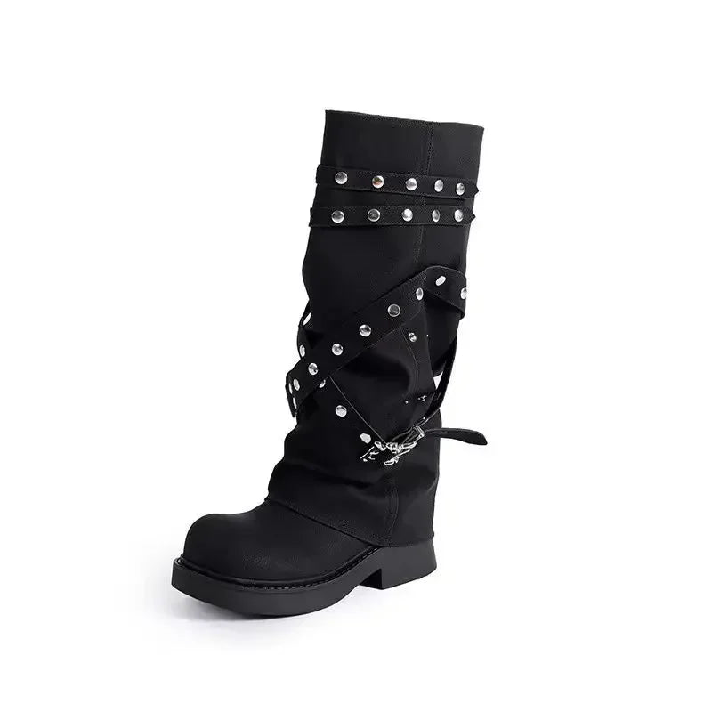 Bottes de cowgirl occidentales pour femmes, bottes hautes au genou, bottes longues en cuir PU, bottes de pantalon cloutées noires, style punk, mode automne