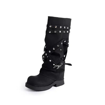 Bottes de cowgirl occidentales pour femmes, bottes hautes au genou, bottes longues en cuir PU, bottes de pantalon cloutées noires, style punk, mode automne
