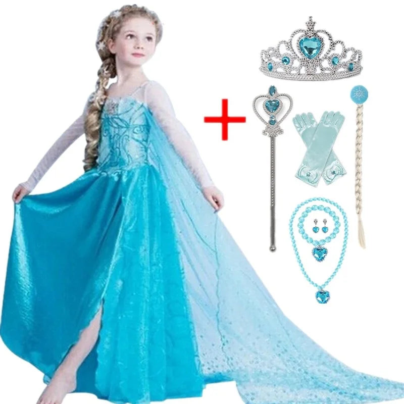 Elsa Costumes for Girls 2025 White Sequins Carnival Party Kids Clothes Children Halloween Cosplay Snow Queen Elsa Princess Dress