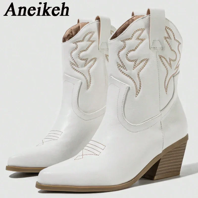 Aneikeh Autumn Winter Vintage Embroidered Large Western Cowboy Boots New Style Coarse Heel Pointed Ankle Barrel Knight Boots