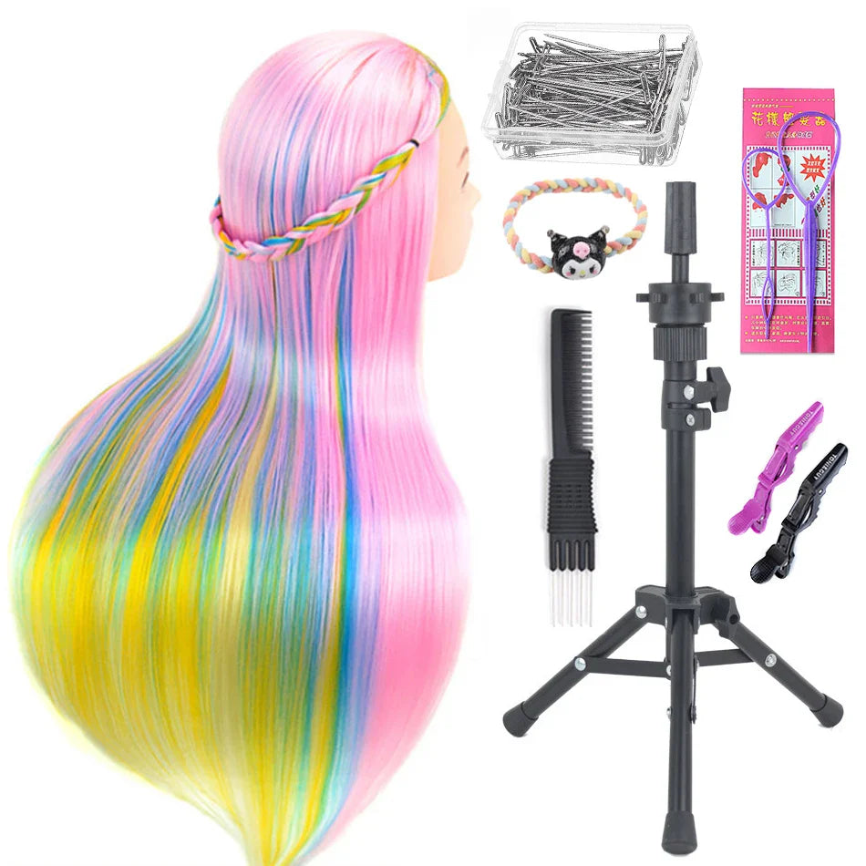 Tête de mannequin à cheveux longs synthétiques avec support de trépied de perruque réglable Modèle avec tête de mannequin Formation de coiffeur coiffant