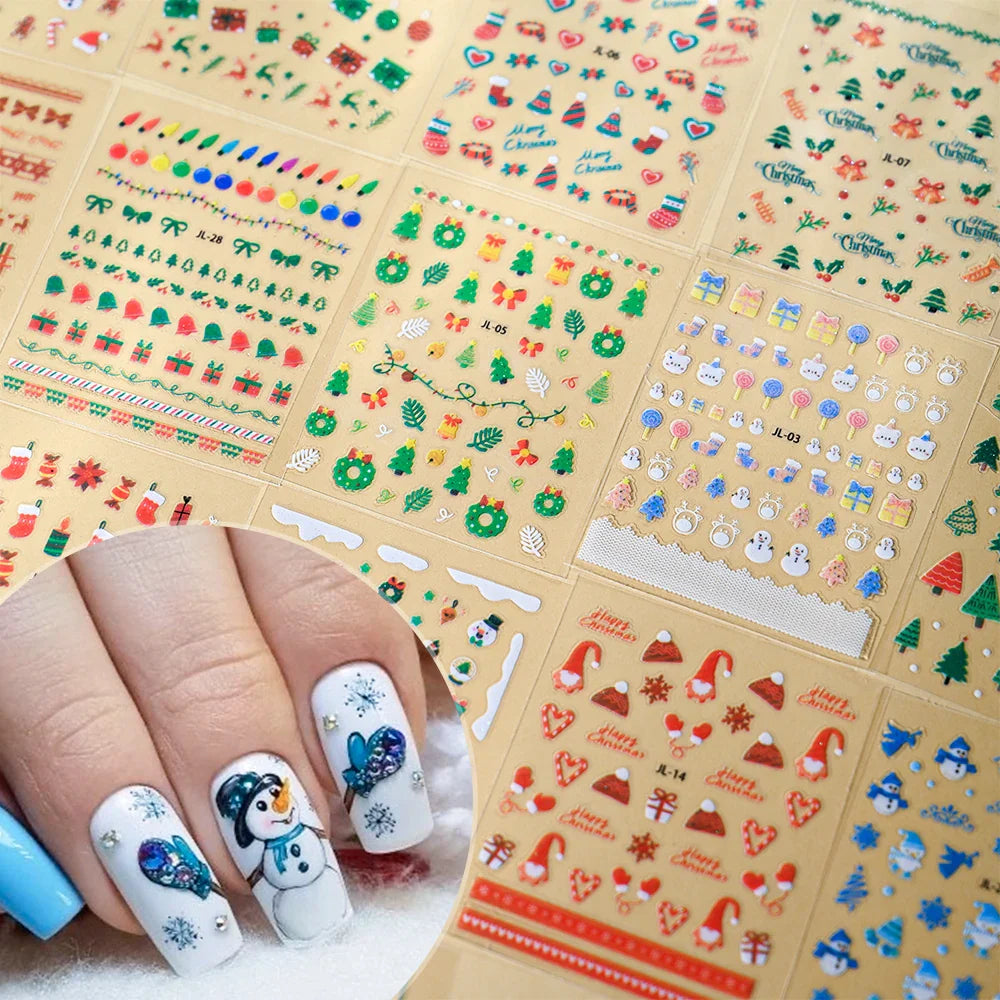 30Pcs Christmas Santa Claus 3D Nail Art Stickers Glitter Cartoon Snowflakes/Snowman/Pine Winter Sliders Xmas DIY Manicure Decals