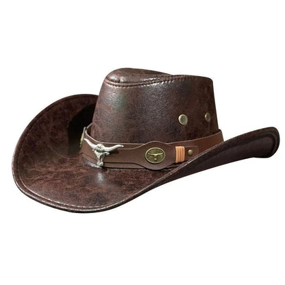 Chapeau de Cowboy occidental Vintage, ceinture de tête de bœuf, chapeaux Fedora à rivets pour hommes et femmes, voyage en plein air, à large bord, en cuir PU, casquettes de Cowgirl unisexes