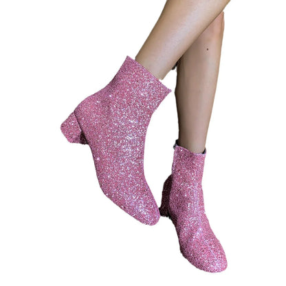 Chaussures pour femmes 2025, bottines d'automne à fermeture éclair latérale, bout pointu, chaussures scintillantes, chaussures de fête à talons bas
