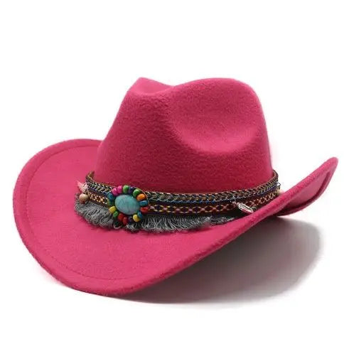 Western Cowboy Wool Hat with Pompom, Montana Sombrero Belt for Men and Women, Cowgirl, Solid Color, Jazz, Stylish Hollow Design for Lady