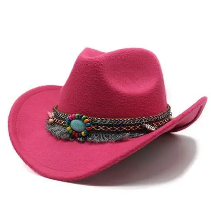Western Cowboy Wool Hat with Pompom, Montana Sombrero Belt for Men and Women, Cowgirl, Solid Color, Jazz, Stylish Hollow Design for Lady
