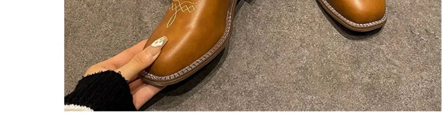 Versatile Western Cowboy Boots Summer Coarse Heel Embroidered Sleeve Knight Boots Mid Barrel Square Head Horseshoe Large