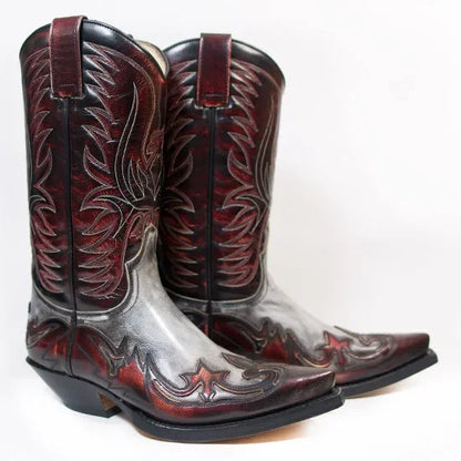Pointed Toe Embroidered Mid-Calf Boots Snake Print Western Cowboy Men Botines Color-Blocked Slip-On Chelsea Cool Botas Femininas