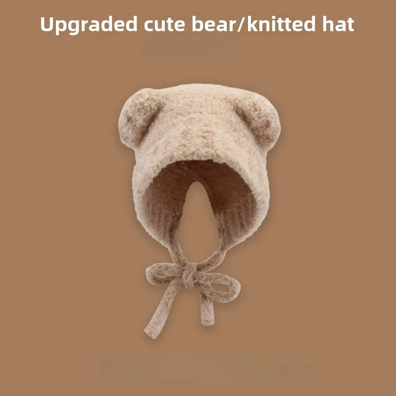 Chapeau en laine avec oreilles d'ours pour femme, bonnet de protection des oreilles à lacets, bonnets de bombardier pour l'extérieur, chaud, mode, cadeau de nouvel an, automne, hiver