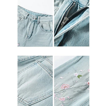 French pink flower embroidered jeans women spring and autumn new high waist fashion slim wide-leg pants embroidered straight