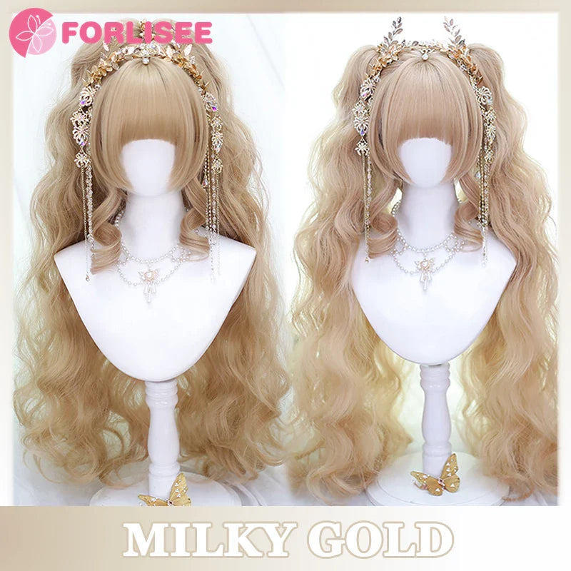 Pink Blonde Highlights Long Wavy Wig Synthetic Colorful Lolita Cosplay Hair Wigs with Bangs for Women Heat Resistant Daily Use
