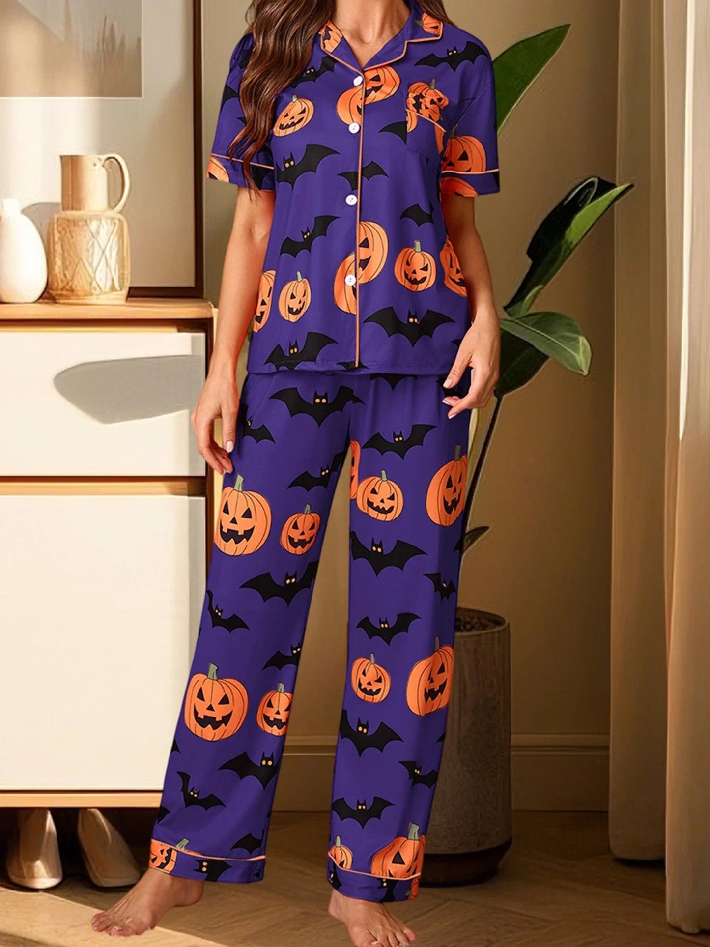 Women Halloween Pajama Set, Pumpkin Bat Print Short Sleeve Button Closure Shirt with Pants Sleepwear Loungewear