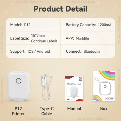 Mini Label Printer P12 Inkless Thermal Label Maker Auto Cut Label Machine Self-adhesive Sticker Printer or 2PK Label Paper Tape