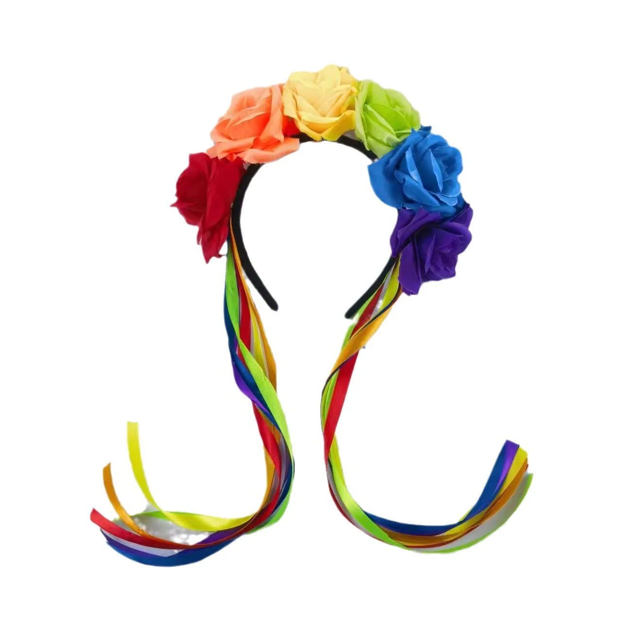 Simulation Rose Headband with Rainbow Ribbon Carnival Hair Accessories Festival Decorative Hairband Party Supplies Cosplay Props