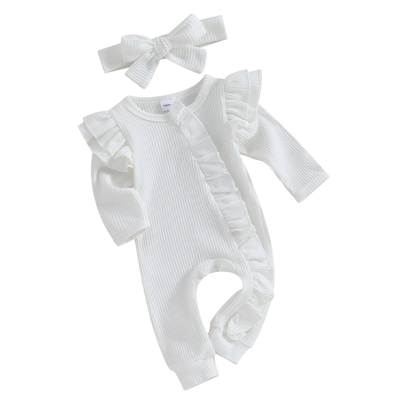 FOCUSNORM 0-12M Autumn Infant Baby Girls Boys Jumpsuit 2pcs Solid Color Round Neck Ruffles Long Flying Sleeve Zipper Jumpsuits