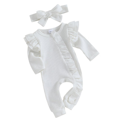 FOCUSNORM 0-12M Autumn Infant Baby Girls Boys Jumpsuit 2pcs Solid Color Round Neck Ruffles Long Flying Sleeve Zipper Jumpsuits