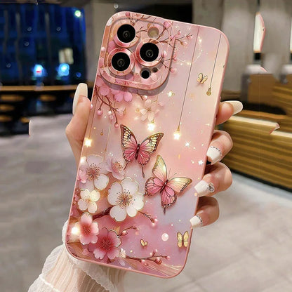 Coque de Téléphone Antichoc à Motif Papillon et Floral pour iPhone 11 12 13 14 15 16 17 Air Pro Max 16E XR XS X 7 8 Plus SE2 Housse Mate