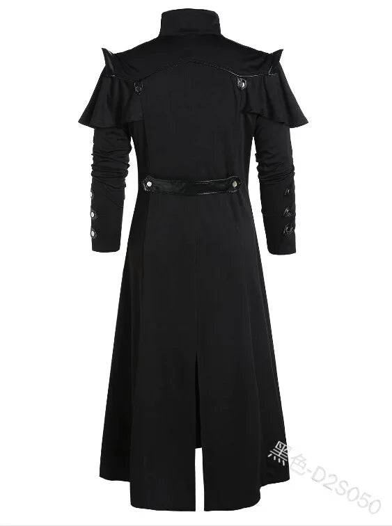 Vintage Halloween Médiéval Steampunk Assassin Elfes Pirate Costume Adulte Hommes Noir Longue Veste Fendue Manteaux en Cuir Armure Gothique