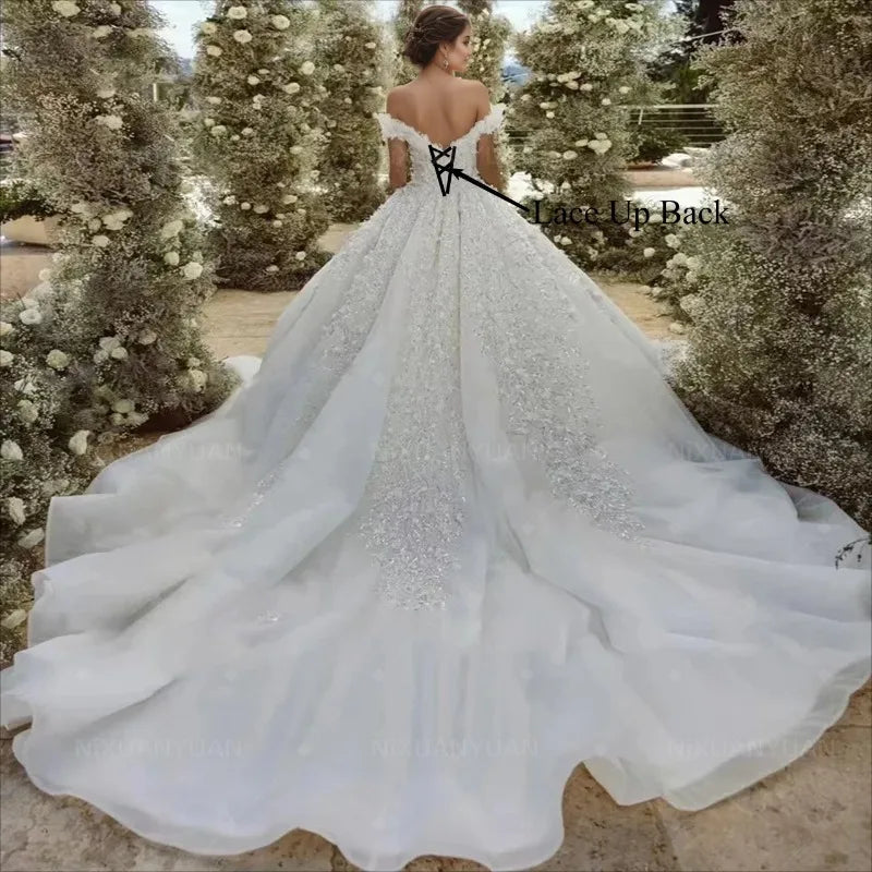 Ball Gown Princess Wedding Dresses Sweetheart Off The Shoulder Vestido De Novia Lace Sequined Shiny Robe De Mariee Customized
