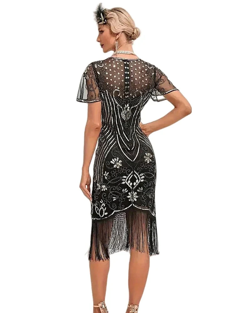 Flapper Dresses 1920s Gatsby Roaring 20s Sequin Beaded Fringe Dress Crew Neck See-through Themed Party Club Dress