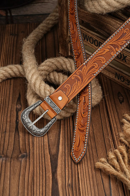 Ceinture Western Cowboy en Similicuir PU - Sangle de Taille Homme Décoration Taureau Gravure Florale pour Jeans