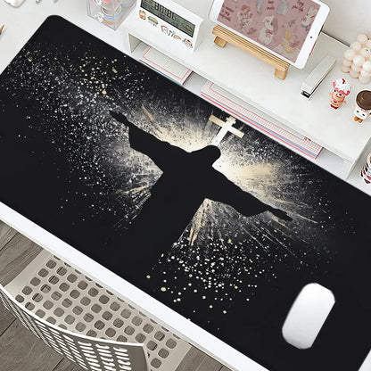 Jesus & Cross Mouse Pad Large Desk Accessories Desk Pad Rubber Base with Stitched Edge Mousepad Non-Slip Mousepad for Office