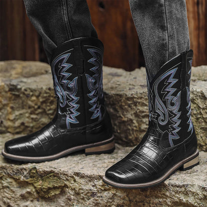 Bottes de cowboy pour hommes - Bottes western pour hommes avec broderie, bout carré, talon épais, chaussures rétro classiques durables et à la mode
