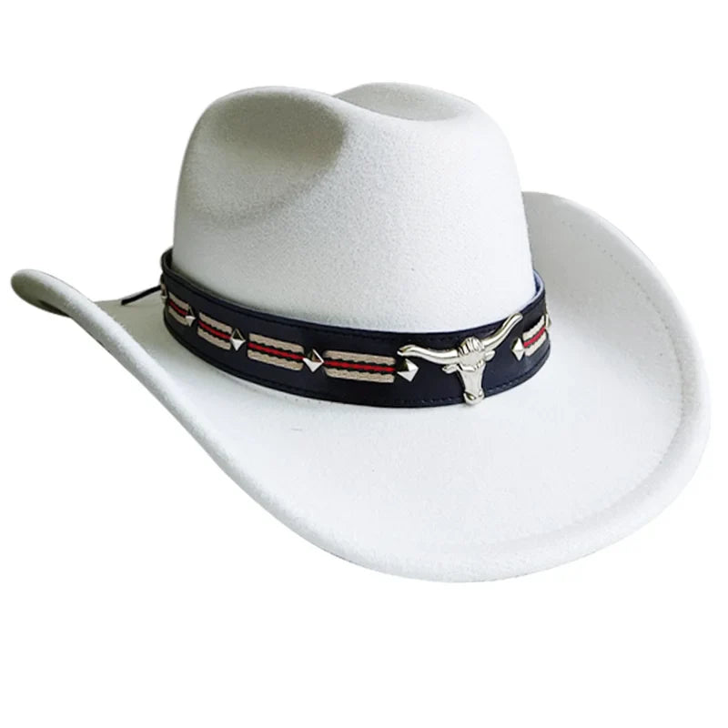 Ethnic Style Cowboy Hat Fashion Chic Unisex Solid Color Jazz Hat With Bull Shaped Decor Western Cowboy Hats