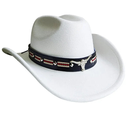 Ethnic Style Cowboy Hat Fashion Chic Unisex Solid Color Jazz Hat With Bull Shaped Decor Western Cowboy Hats