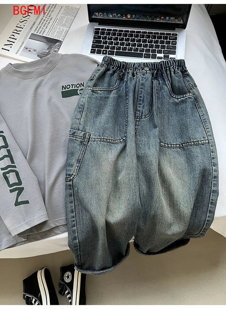Korean Children's Denim Overalls Spring Autumn Casual Jeans Wide Denim Pants Wide Leg Jeans for Kids Loose Streetwear Trouser