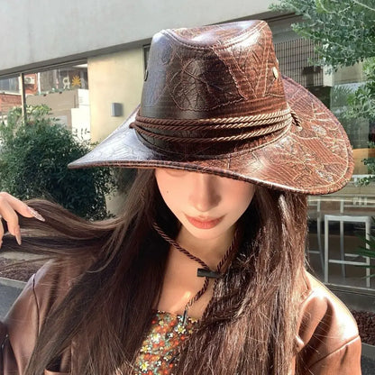 Chapeau de Cowboy occidental de Style ethnique Cool, chapeau de chevalier en Polyester à large bord, couleur unie noir/marron, chapeau de Jazz pour filles