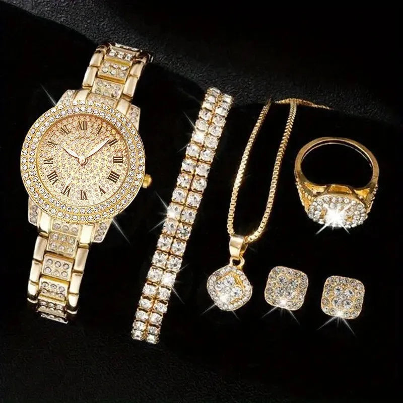 Montre-bracelet à quartz décontractée pour femmes, ensemble de 6 pièces, cadran romain, design de marque de luxe, montre pour femmes
